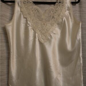 Elegant Vintage Cream Lace Trim Satiny Top
